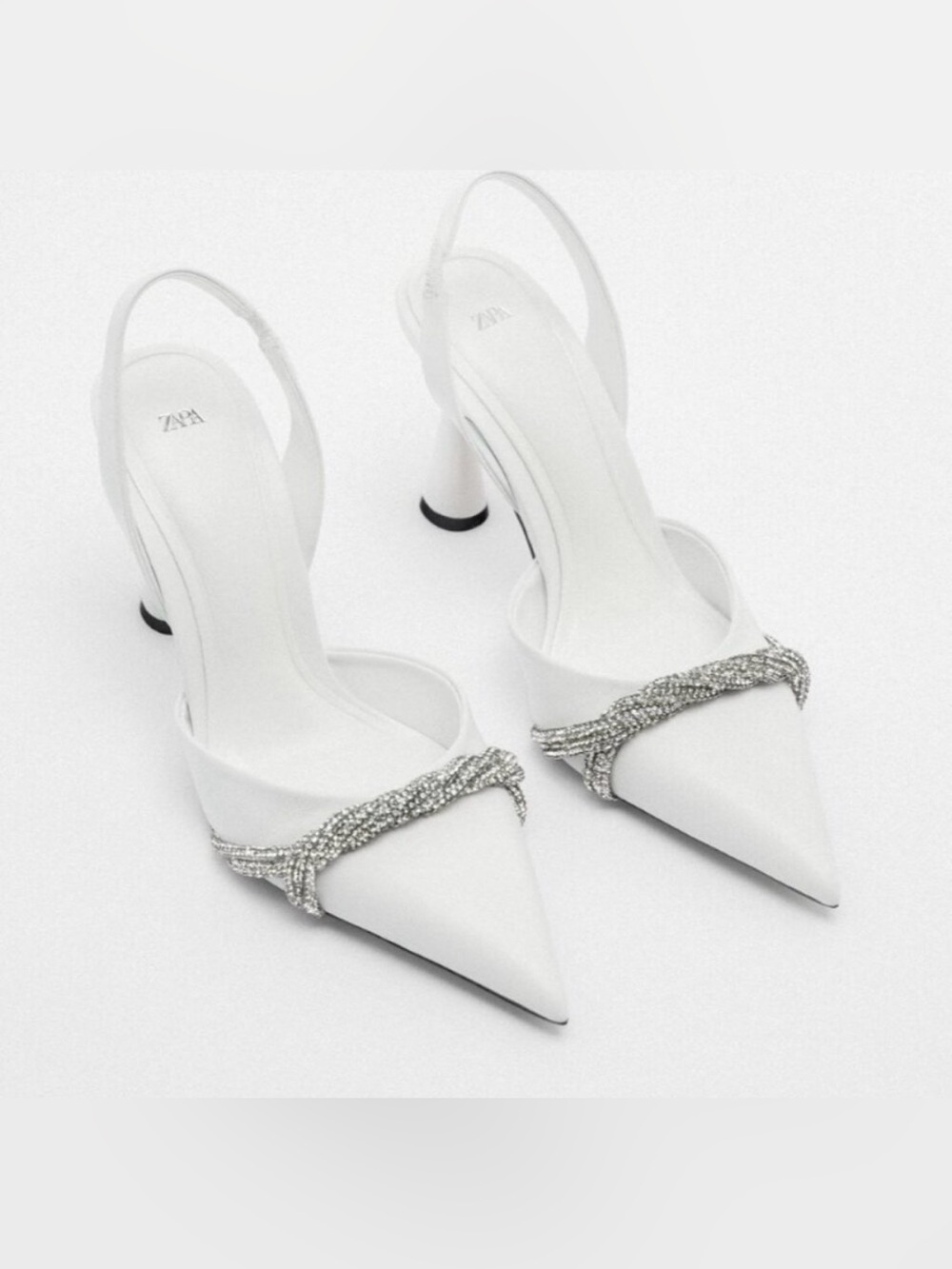 Zara White Leather SLINGBACK Heels with Rhinestone design